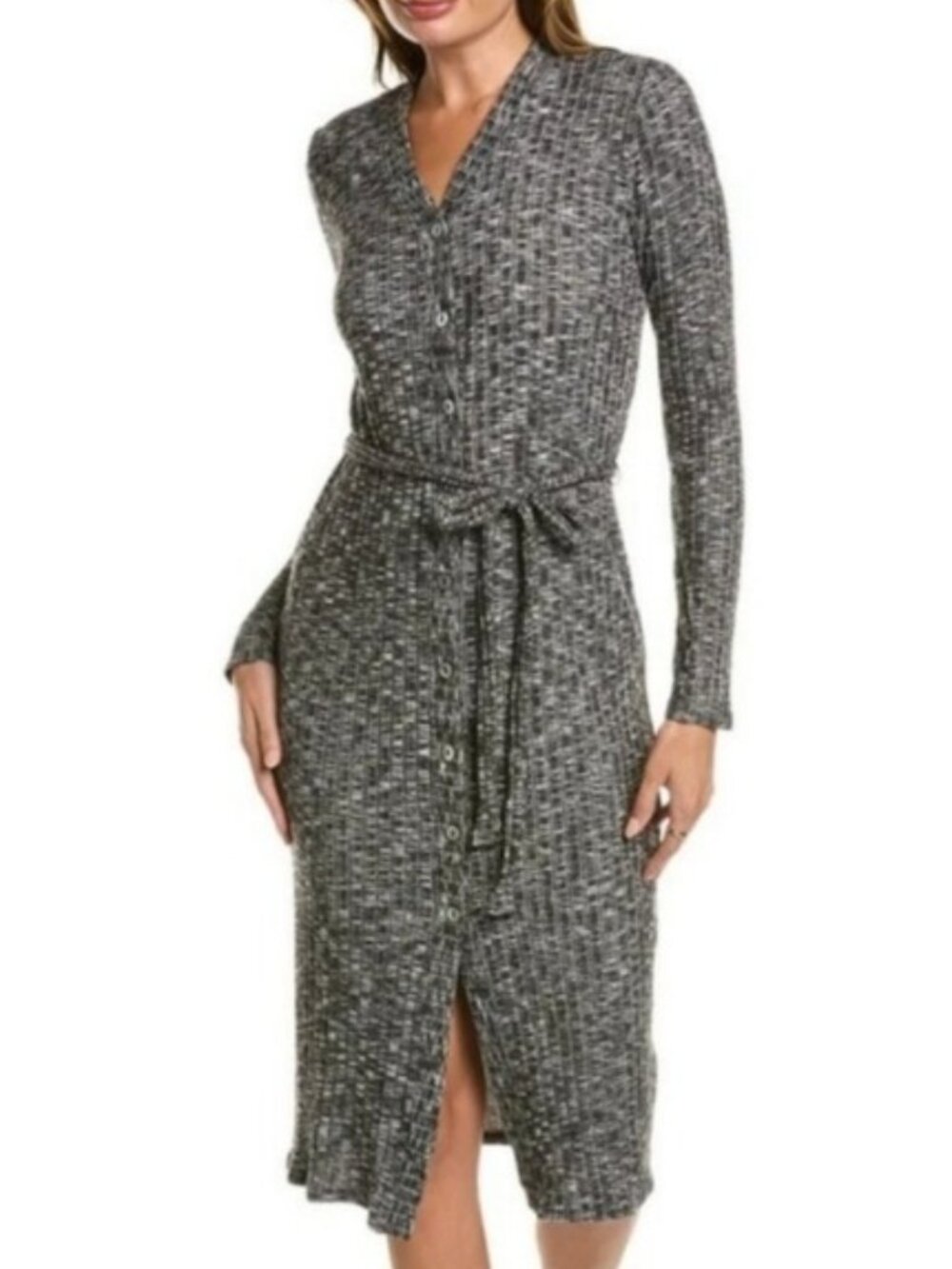 Michael Stars Isa Ribbed Shirt Dress Cardigan 2X New Black Marl Luxe Jasper